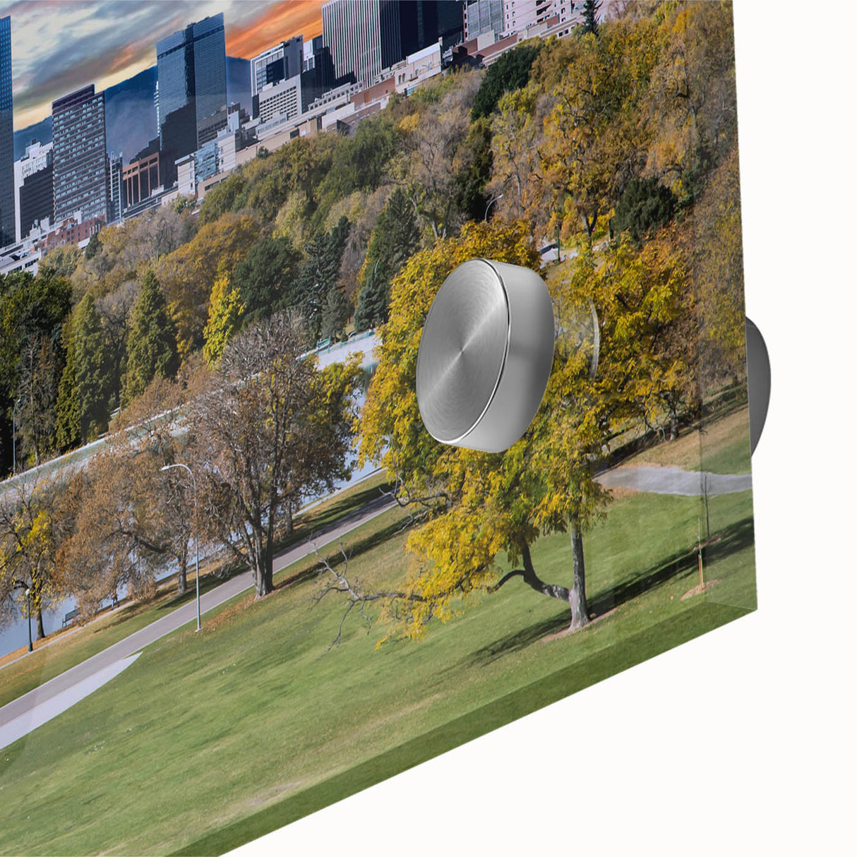 Large abstract depiction of Denver skyline in muted earth tones on acrylic glass, suitable for dining room art.