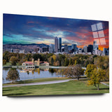 Large abstract depiction of Denver skyline in muted blues and grays on acrylic glass.