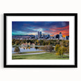 Extra large textured abstract art print of colorful Denver skyline, framed in black, ideal for living room decor.