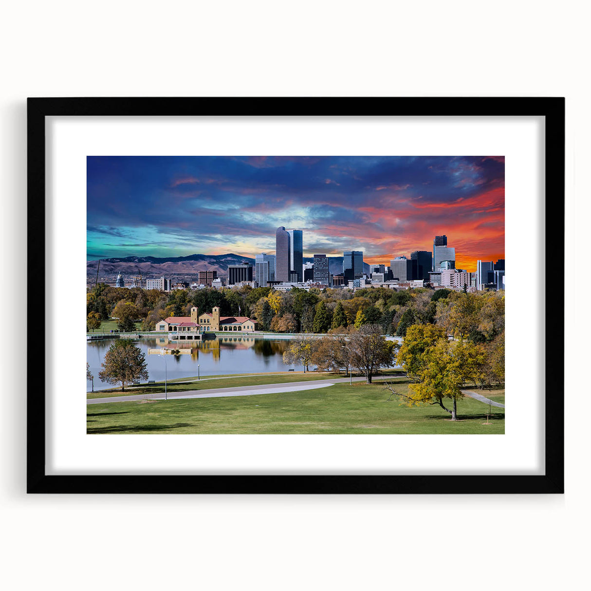 Extra large textured abstract art print of colorful Denver skyline, framed in black, ideal for living room decor.