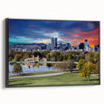 Black and white framed canvas of Denver skyline with vintage poster style, ideal for bedroom wall art.