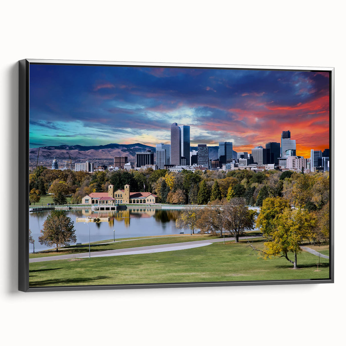 Black and white framed canvas of Denver skyline with vintage poster style, ideal for bedroom wall art.