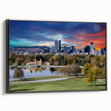 Black and white framed canvas of Denver skyline with vintage poster style, ideal for bedroom wall art.