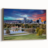 Framed canvas wall art of Denver skyline with muted gold and black tones, ideal for bedroom decor.