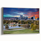 Framed canvas featuring a colorful Denver landscape with vintage poster art style, ideal for enhancing black wall decor.