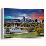Vintage poster art of Denver skyline in colorful hues on a large framed canvas, ideal for living room decor.