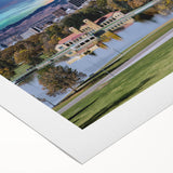 Art deco poster of Denver skyline in muted gray and blue tones on rolled canvas, suitable for dining room wall art.