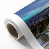 Art deco poster of Denver skyline in pastel shades on rolled canvas, ideal for nursery wall art.