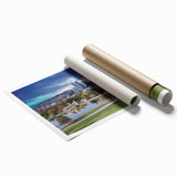 Rolled print of Denver skyline with pastel hues, ideal for classy bathroom wall art.