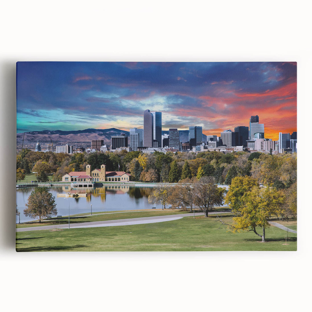 Black and white photo of Denver skyline on large stretched canvas, suitable for kitchen wall art.