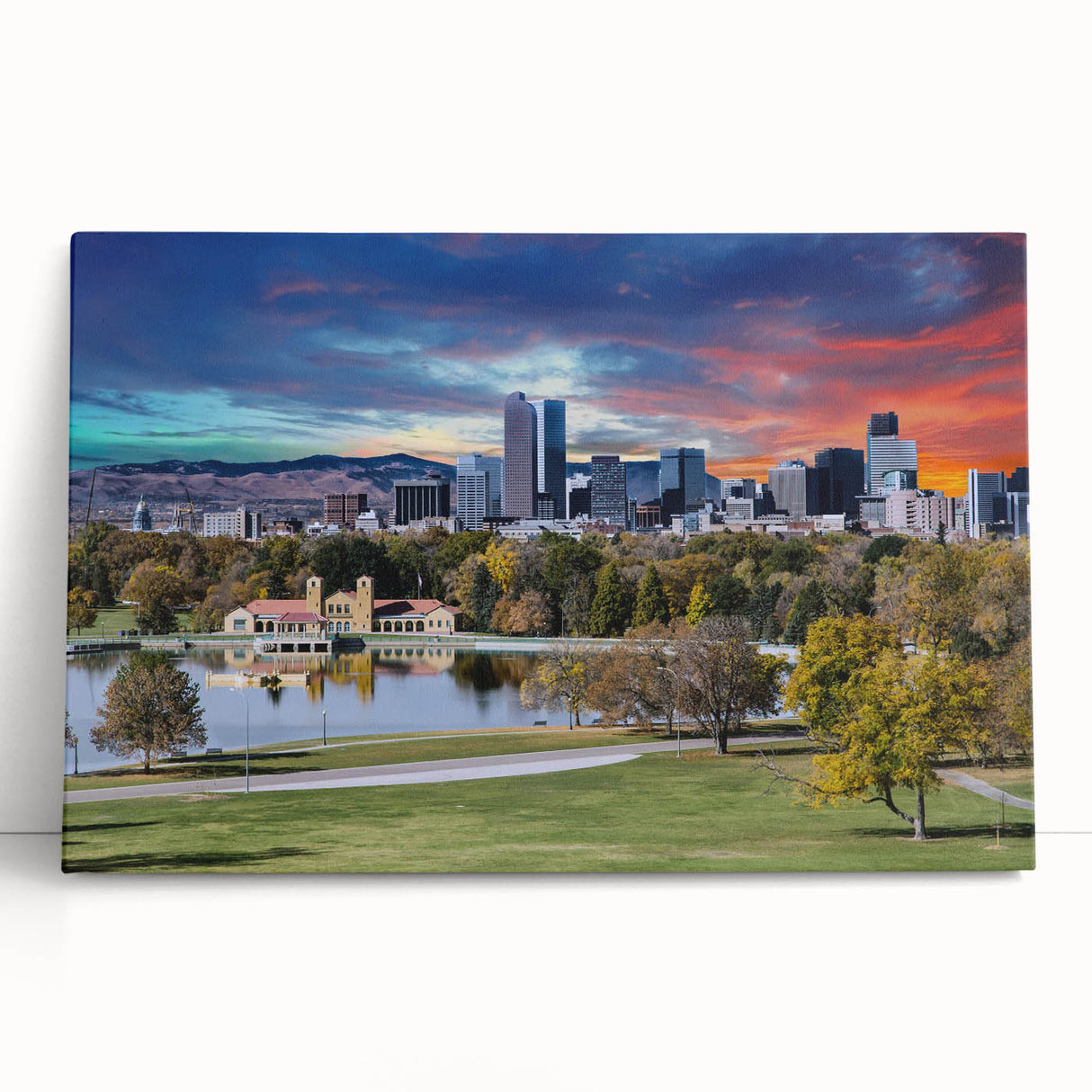 Black and white photo of Denver skyline on large stretched canvas, suitable for kitchen or bedroom wall art.