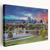 Denver skyline depicted in vibrant twilight hues on a large stretched canvas, suitable for kitchen wall art.