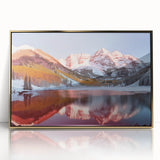 Mid-century modernist acrylic print of Maroon Bells, Colorado, in autumn hues, framed in gold.