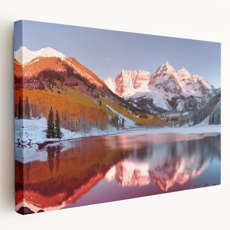 Maroon Bells, Colorado scenery on large stretched canvas with earthy green and blue tones, suitable for kitchen wall art.
