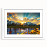 Abstract art print of the Rocky Mountains in pastel blues and greens, framed with a white mat.