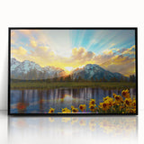 Large abstract wall art of the Rocky Mountains in muted earth tones, framed in black acrylic.