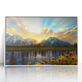 Acrylic print of the Rocky Mountains in muted earth tones, framed in white, suitable for modern art wall decor.