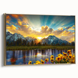 Framed canvas landscape art of Colorado Rocky Mountains in muted gold and black tones, suitable for bedroom decor.