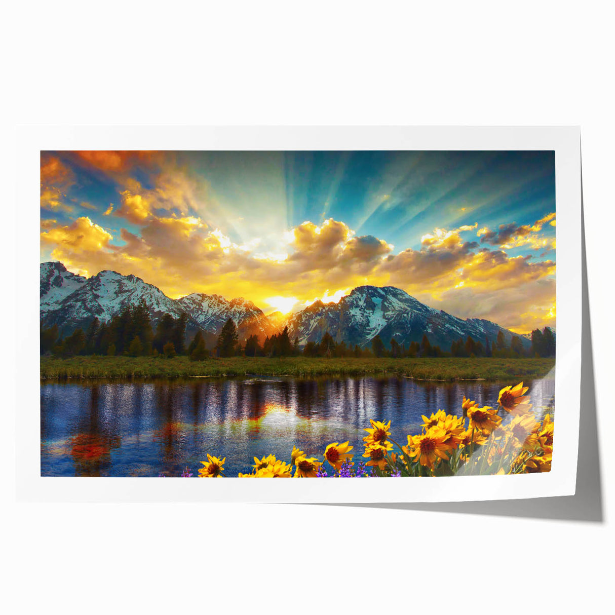 Rolled print of the Rocky Mountains in earth tones, suitable as art wall for dining room.