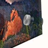 Large abstract wall art depicting Colorado Springs landscape in mid-century modernist style on acrylic glass.