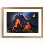 Extra large abstract art print featuring textured design of Colorado Springs in muted earth tones, framed in gold.