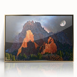 Large art print of Colorado Springs scenery in mid-century modernist style with muted gold tones, framed acrylic.