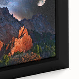 Extra large framed canvas of Colorado Springs with textured black and colorful art, ideal for living room decor.
