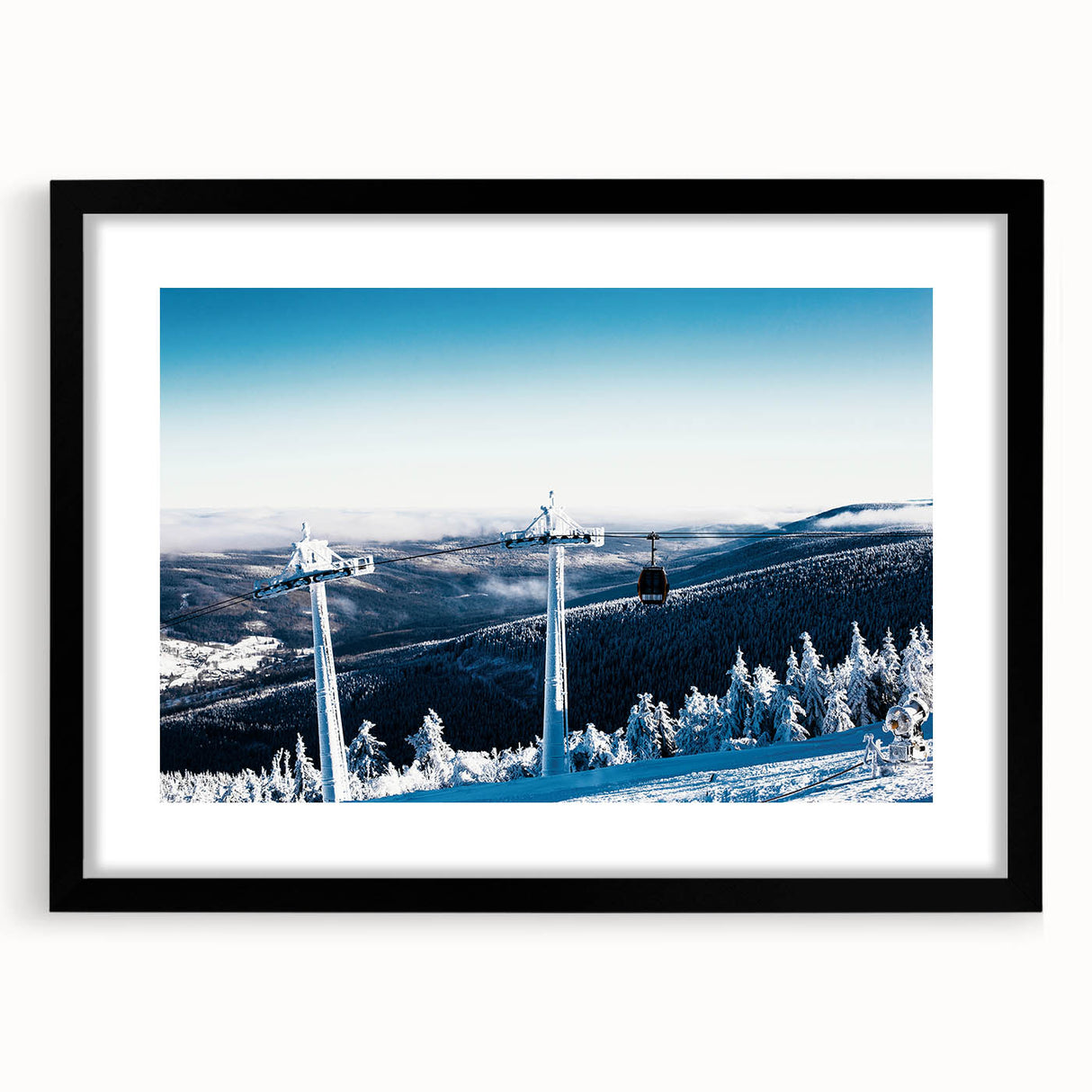 Abstract art print of a colorful Telluride, Colorado scenery on a large textured canvas, framed in black.