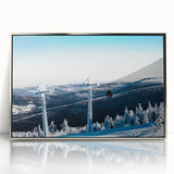 Mid-century modernist art depicting Telluride, Colorado in muted earth tones on a silver-framed acrylic print.