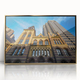 Mid-century modernist acrylic print of Connecticut scenery in gold frame, ideal for nursery wall art.