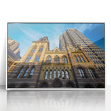 Art Deco style poster of Connecticut scenery, in muted blue and green tones on a white acrylic frame.