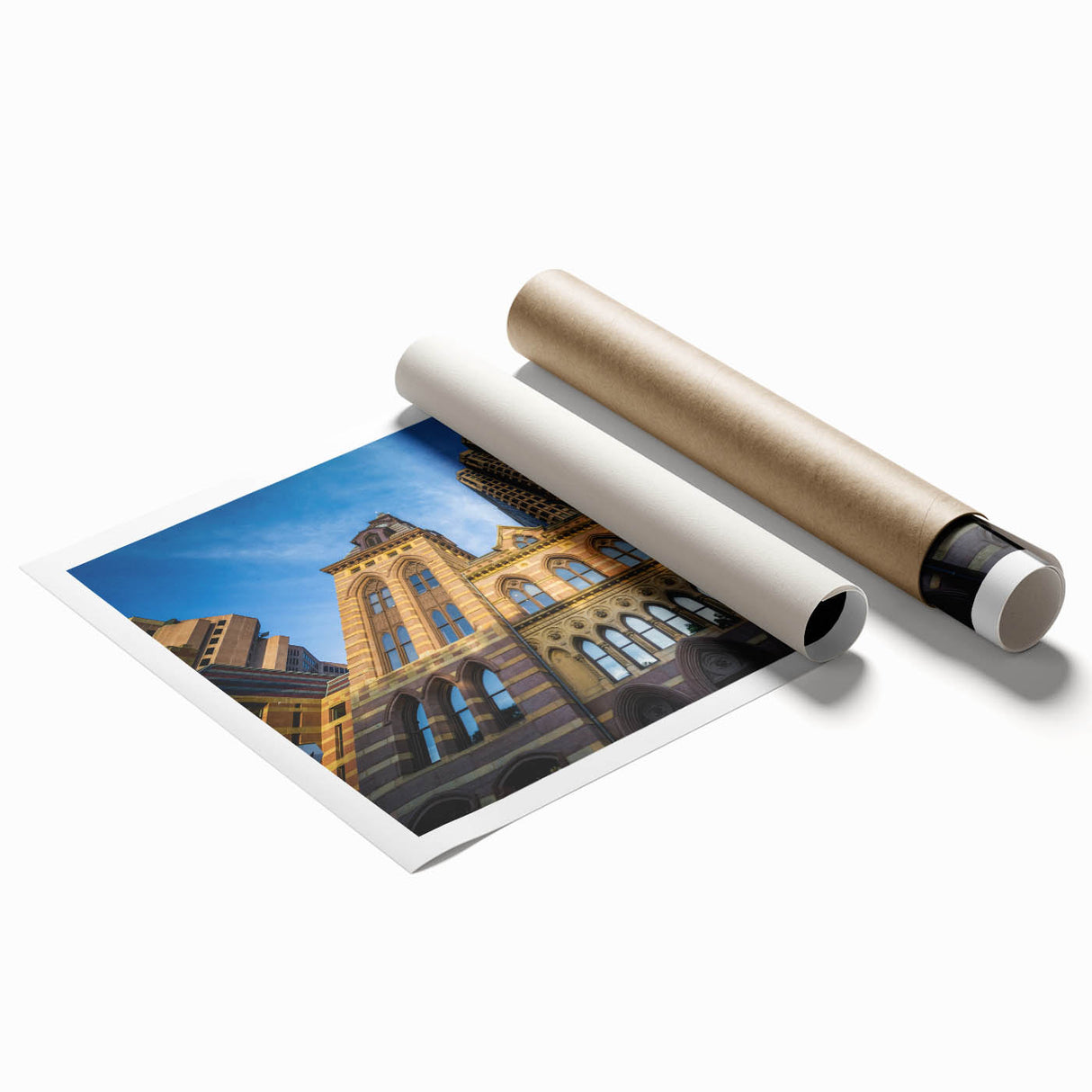 Extra large rolled print of Connecticut scenery with floral elements in soft pastel shades.