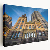 Side view of a stretched canvas depicting a serene Connecticut landscape in soft green and blue tones.