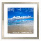 Textured abstract art print of Daytona scenery in muted gray and blue tones on a framed silver mat, suitable for bedroom art.