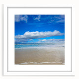 Abstract art print of Daytona scenery in muted gray and blue tones, framed with a white mat, suitable for dining room decor.