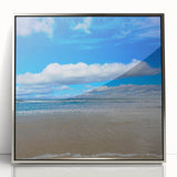 Mid-century modernist art depicting Daytona scenery in muted blue and silver tones on a framed acrylic.