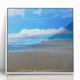 Daytona beach scene in art deco style on white framed acrylic, featuring pastel blue and pink shades.