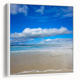 Vintage poster art of Daytona Beach with colorful accents on a white framed canvas, ideal for living room decor.