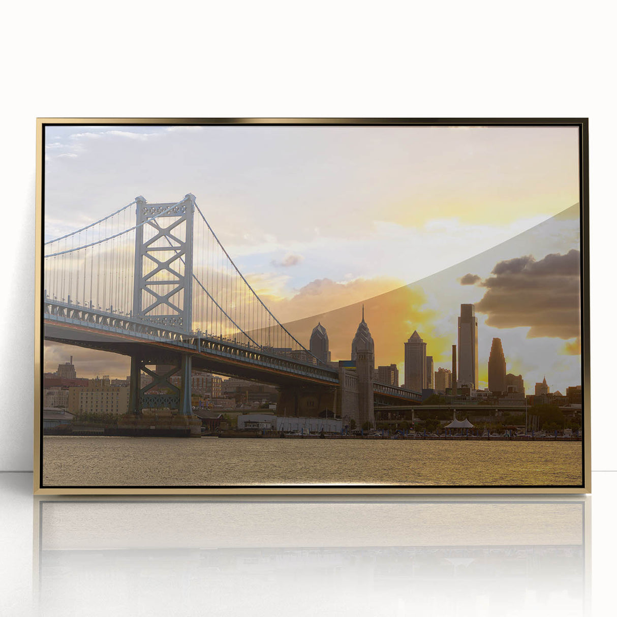 Mid-century modernist Delaware scenery on large framed acrylic print in gold tones, ideal for modern art wall decor.