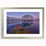 Textured art print of abstract Everglades scenery in silver frame, using muted green and blue tones, ideal for bedroom art.