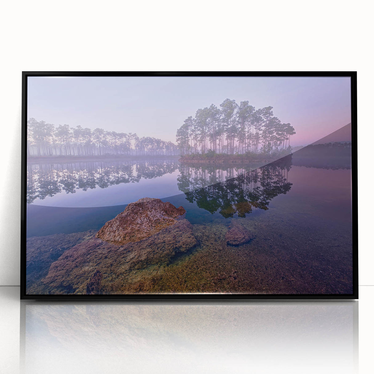 Large abstract wall art depicting the Everglades in a mid-century modernist style with muted green and blue tones on a…