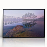 Large abstract wall art depicting the Everglades in a mid-century modernist style with muted green and blue tones on a…