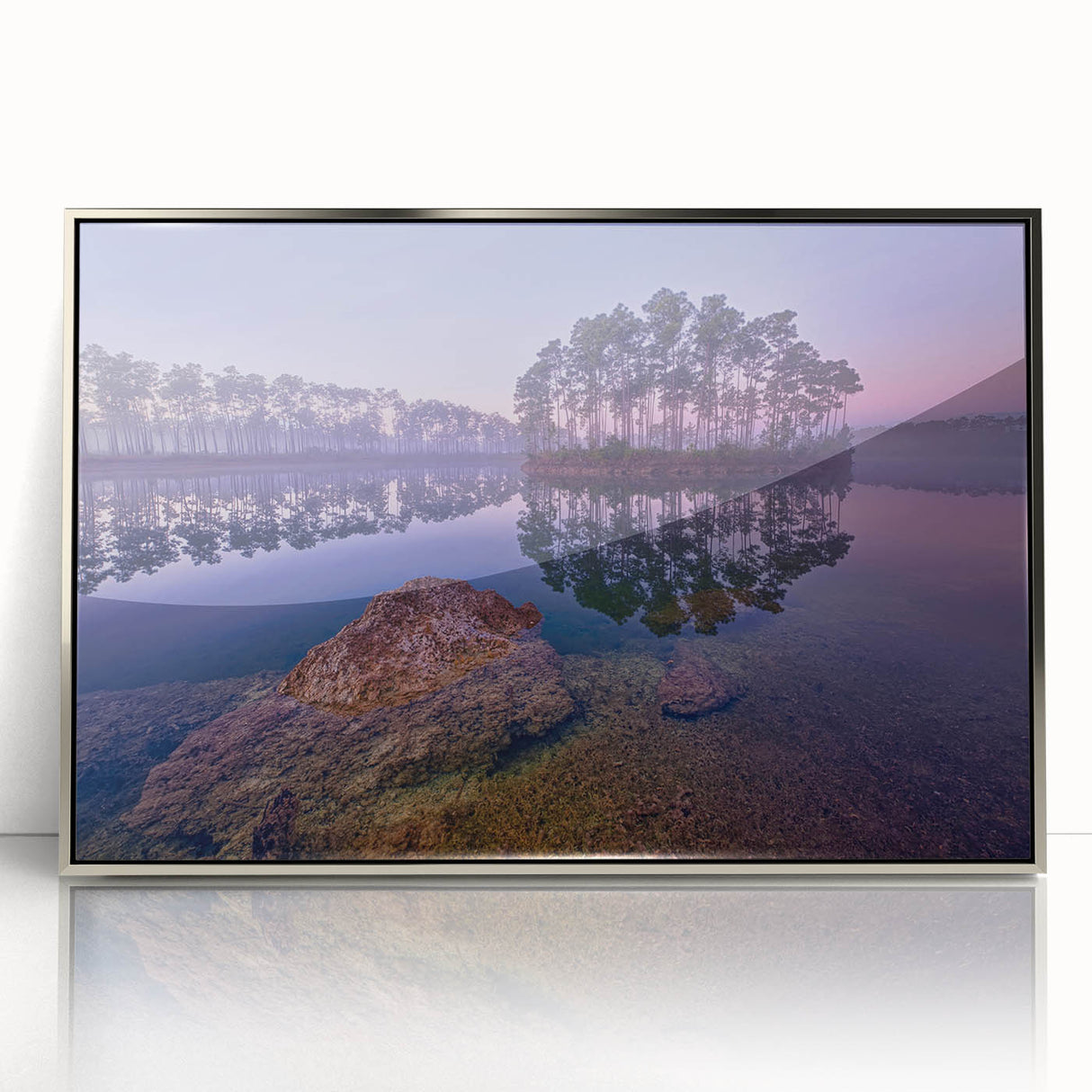 Mid-century modernist art depicting the Everglades in muted green and blue tones, framed acrylic, ideal for nursery wall art.