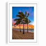 Abstract art print of Fort Lauderdale with vibrant blue and pink hues on a framed white mat, ideal for dining room decor.