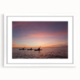 Abstract art print of the Florida Keys in muted blue and green tones on a framed white mat, ideal for dining room decor.