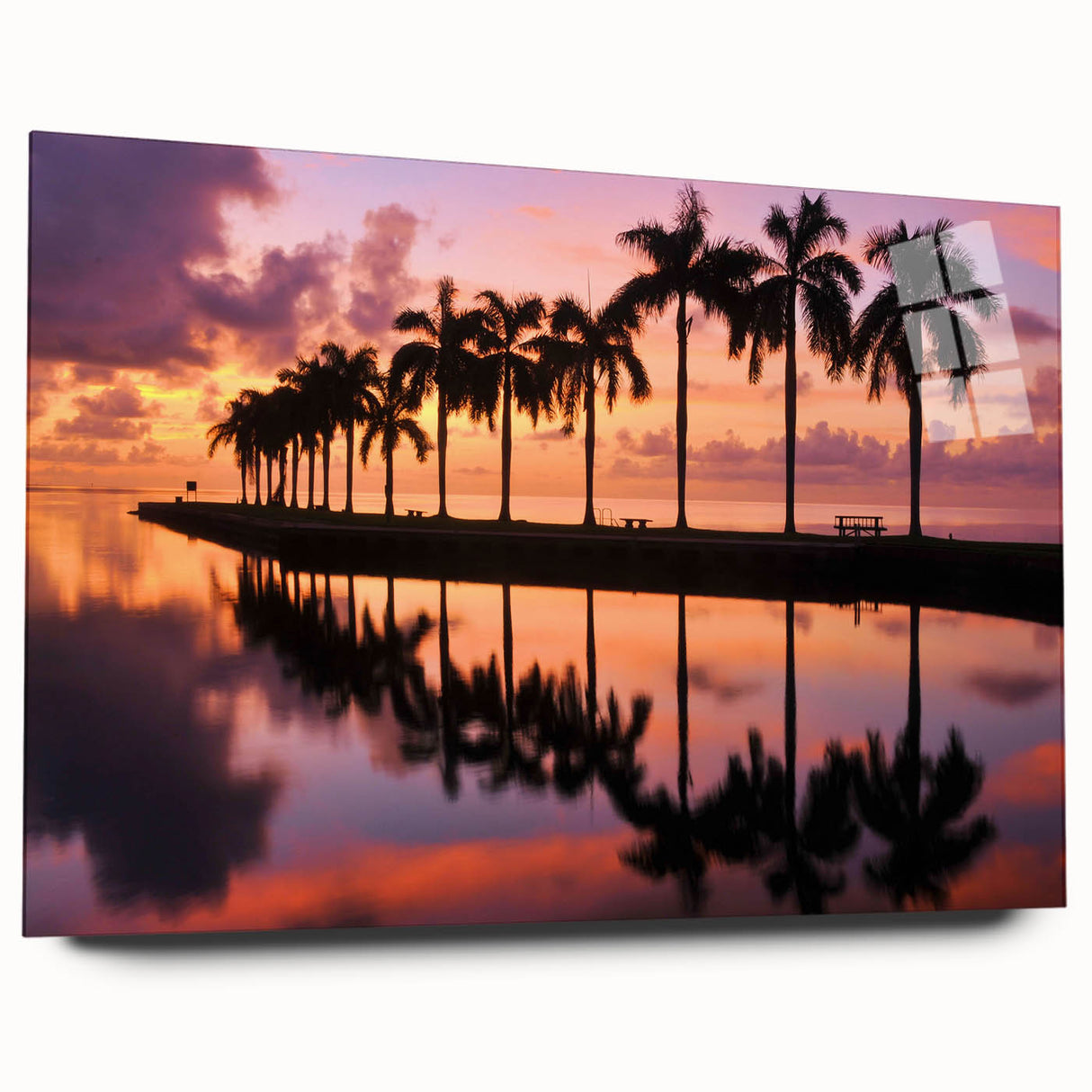 Acrylic print of a large abstract Miami skyline in vibrant blue and pink shades, suitable for bedroom or dining room decor.