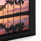 Extra large framed canvas of a textured Miami skyline in black with colorful accents, ideal for living room decor.