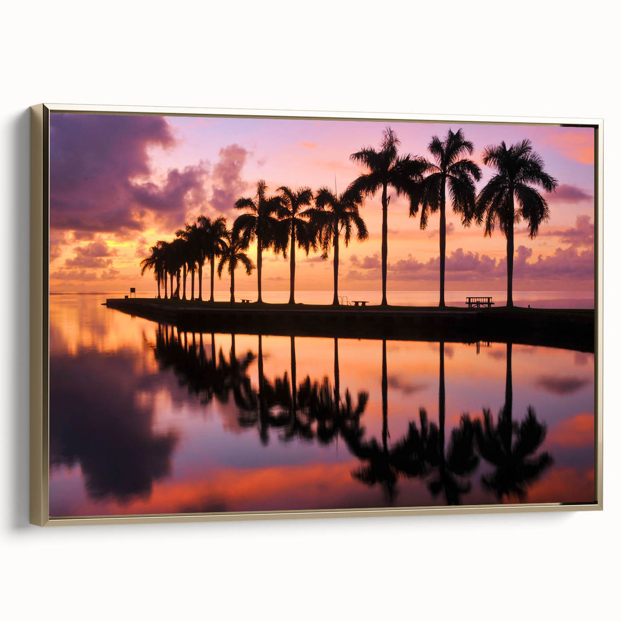 Framed canvas depicting a vintage-style Miami landscape in black and gold tones, ideal for bedroom wall art.