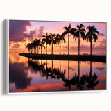 Vintage poster art of Miami skyline in vibrant colors on a large framed canvas, ideal for living room decor.