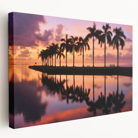 Panoramic Miami skyline on large stretched canvas in vibrant sunset colors, suitable for kitchen wall art.